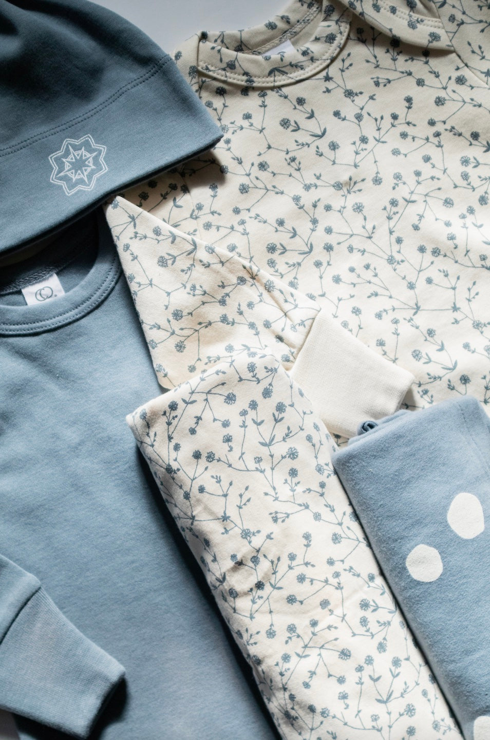 Floral Blue Organic Sleeper, Hat, and Swaddle Set